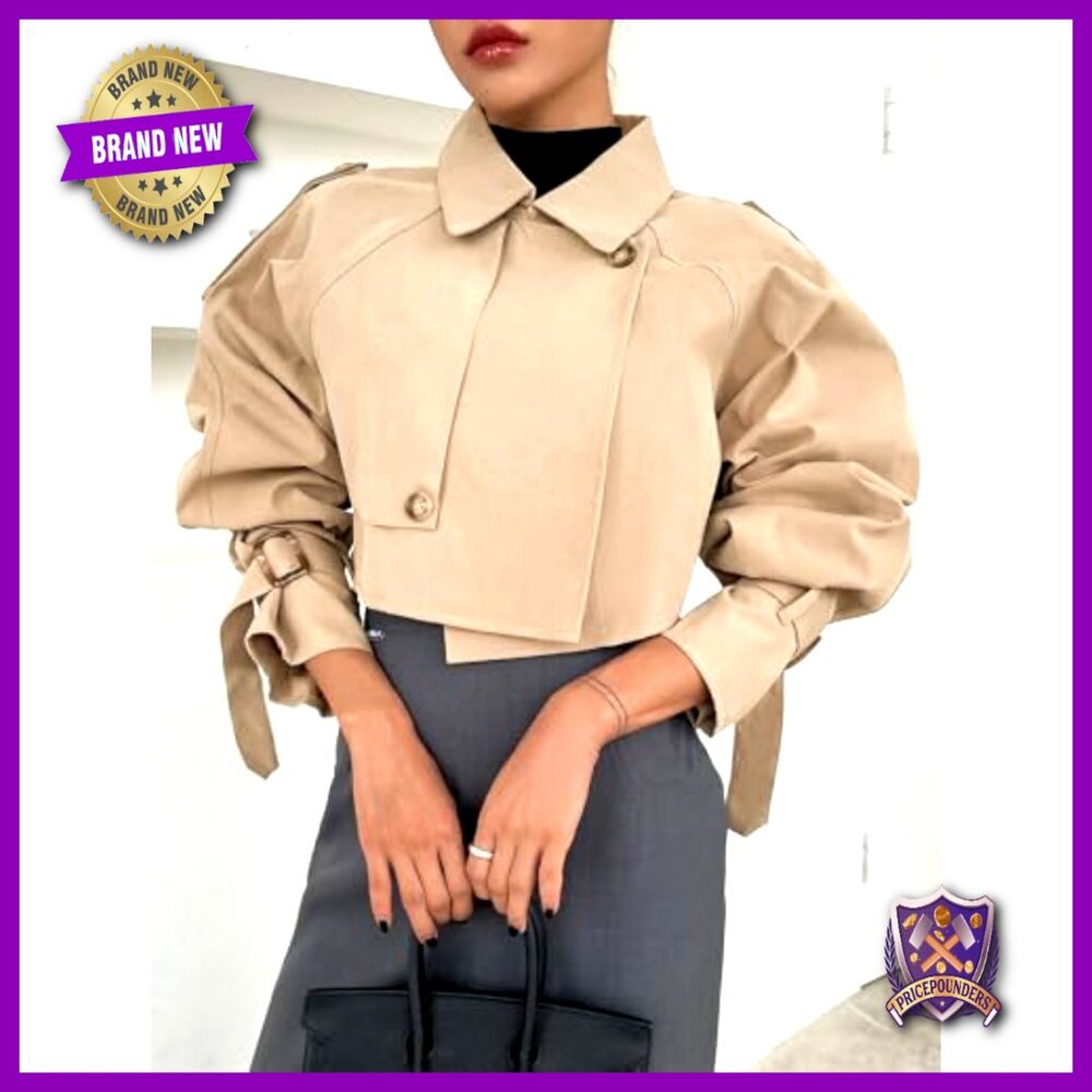 Cropped Trench Coat Classic Double-Breasted Lapel Y2K Chic Casual Outerwear - Picture 5 of 7